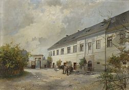 centrální budova hospodářského dvoru č.p. 40, Annahof, autor obrazu Reinhöld Völkel (1873-1938),
zdroj - mobiliární fond zámku Bruntál – Štítina, BR-1291
